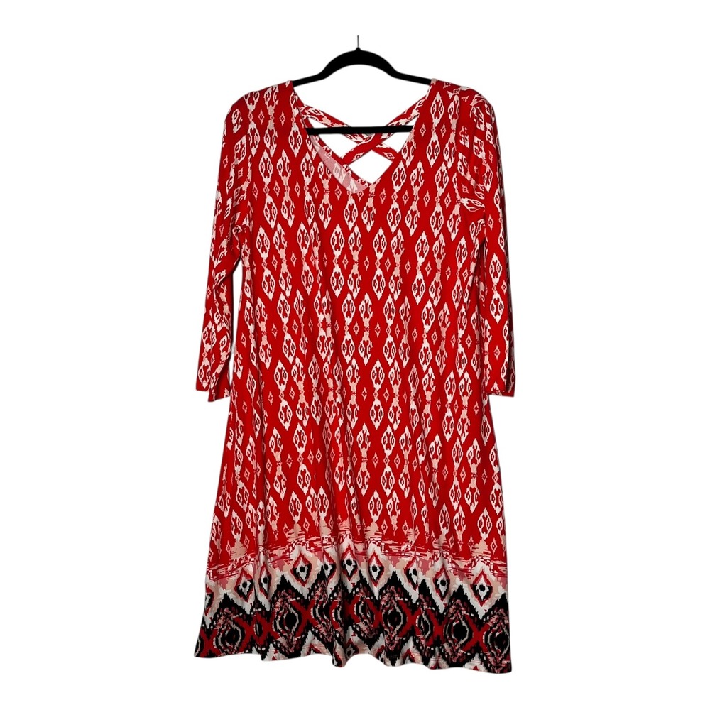 New Directions Womens Red White Ikat Print Strappy Back A-Line Dress Medium